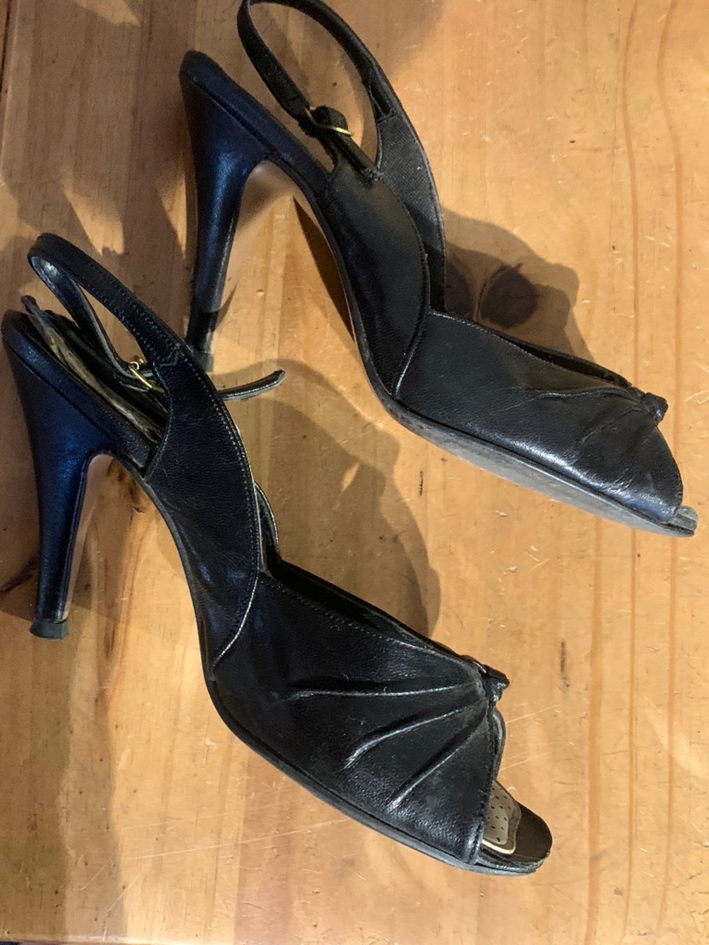 Vintage 1950s 60s Black Peep Toe Slingback Heels Bow Stiletto
